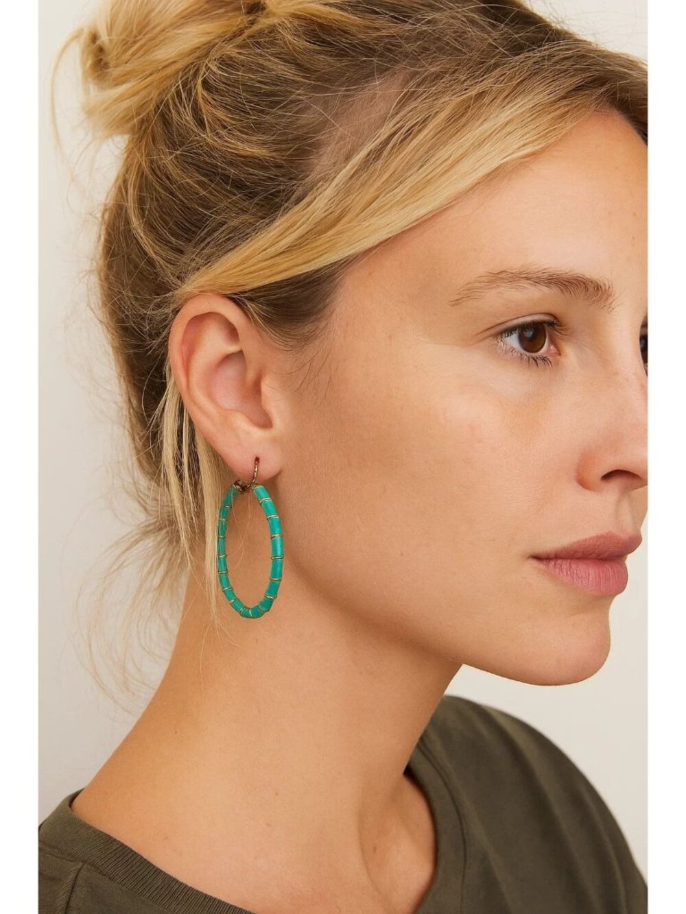Turquoise Enamel Segmented Hoop Earrings With Omega Backs 1.75" Diameter